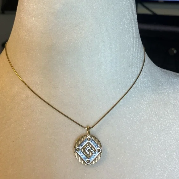 Vintage 1982 Givenchy Two Tone Logo Pendant & Chain 16”